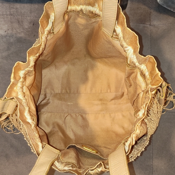 VINTAGE FENDI ZUCCA CROCHET GOLD  METALLIC DRAW-STRING SHOULDER BAG WITH FRINGES - Picture 14 of 16